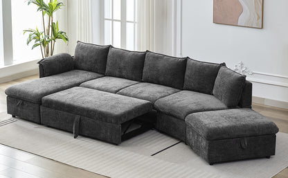 146.9" L-shaped Sofa Sectional Sofa Couch Pull-out Sofa Bed with a Movable Storage Ottoman, a Storage Chaise Lounge and Two USB Ports for Living Room, Grey