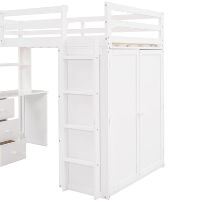 Twin size Loft Bed with Drawers,Desk,and Wardrobe-White