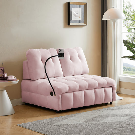 Modern sofa velvet pull-out bed,Independently removable backrest, have USB port and swivel phone stand ,Pink