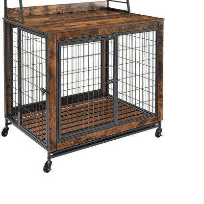 Furniture type dog cage iron frame door with cabinet, two door design, Rustic Brown,37.99"WX27.36"DX59.92"H