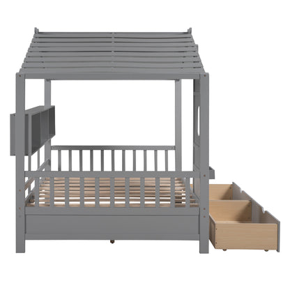 Wooden Full Size House Bed with 2 Drawers,Kids Bed with Storage Shelf, Gray