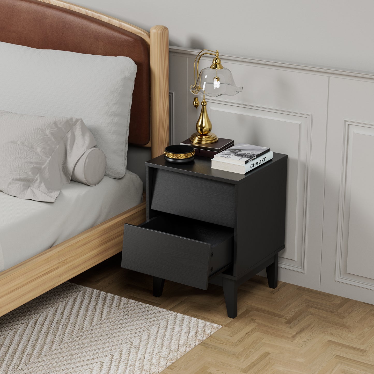 2 Set Nightstands Features Vintage-style and Bevel Design, Bedside Table, Mid Century Modern Nightstand, Night Stand for Bedroom