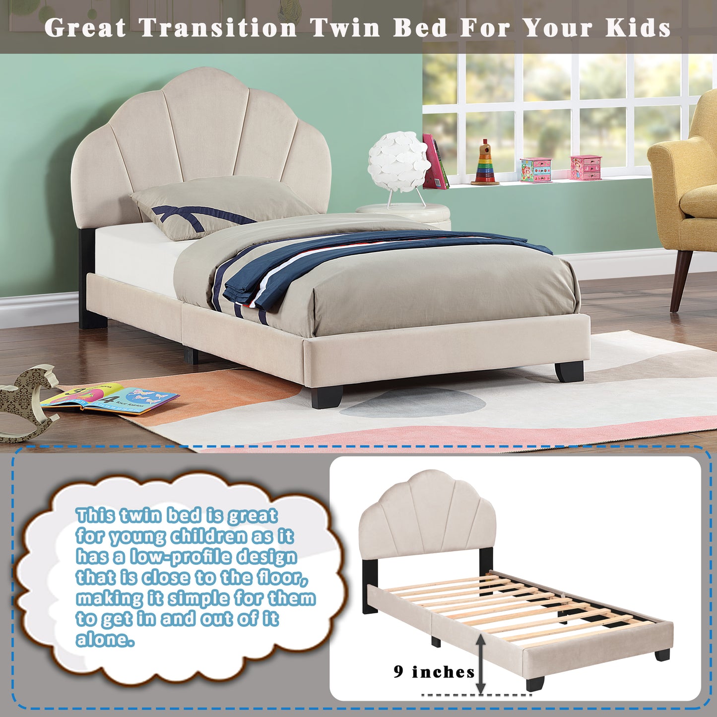 Upholstered Twin Size Platform Bed for Kids, with Slatted Bed Base, No Box Spring Needed, White color, Shell Design