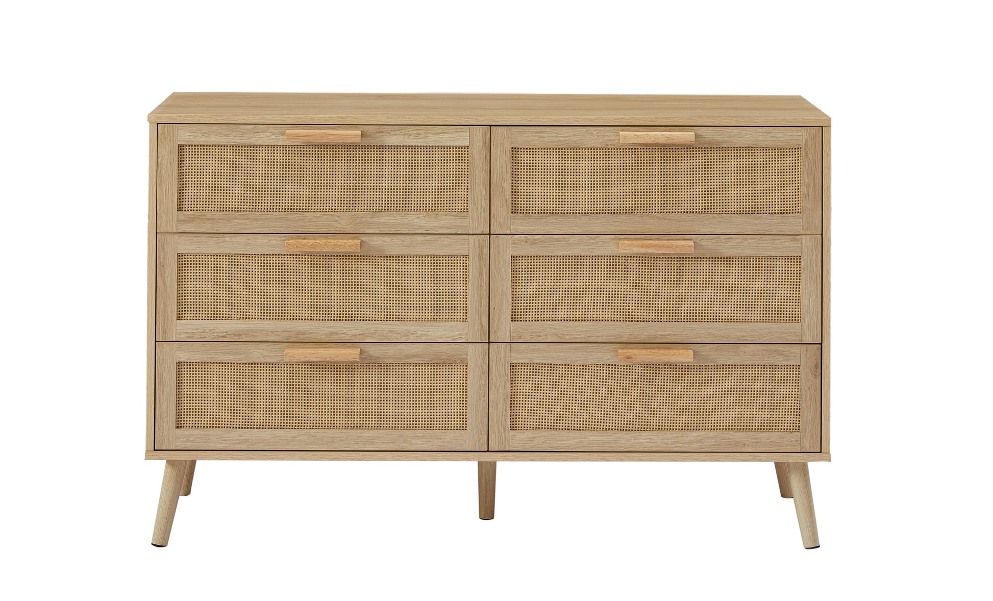 Bedroom dresser, 6 Double Dresser with rattan drawers, wood chest of drawers for kids room, living room, entry and hallway, Natural, 47.2'' W x 15.8'' D x 30'' H.