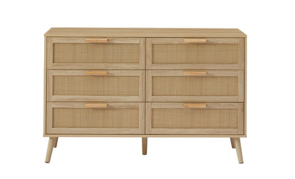 Bedroom dresser, 6 Double Dresser with rattan drawers, wood chest of drawers for kids room, living room, entry and hallway, Natural, 47.2'' W x 15.8'' D x 30'' H.