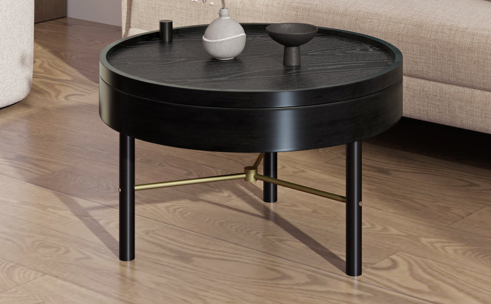 Modern Round Wood Rotating Tray Coffee Table with Storage & Metal Legs in Black