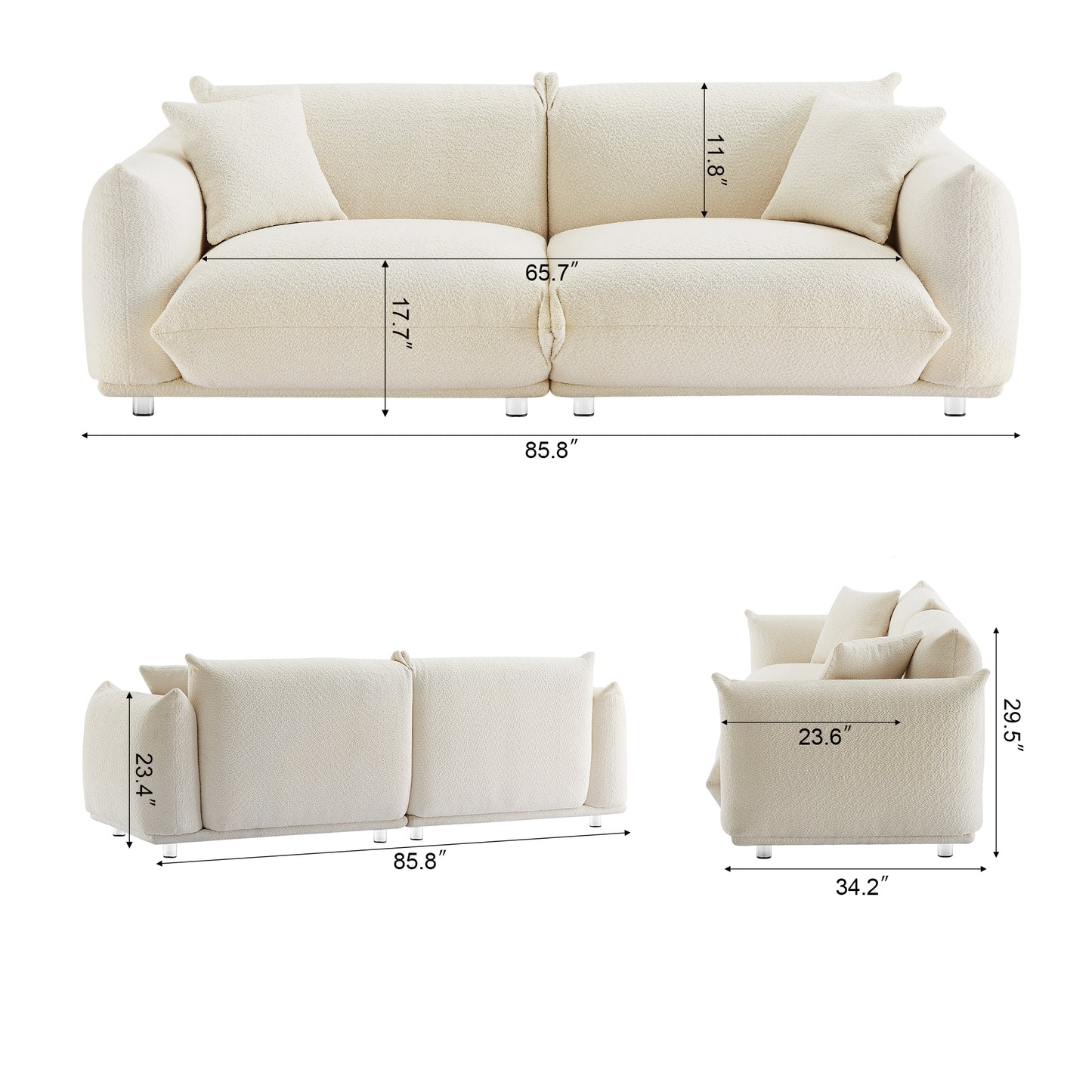 87'' Oversized Loveseat Sofa for Living Room, Sherpa Sofa with Metal Legs, 3 Seater Sofa, Solid Wood Frame Couch with 2 Pillows, for Apartment Office Living Room - White