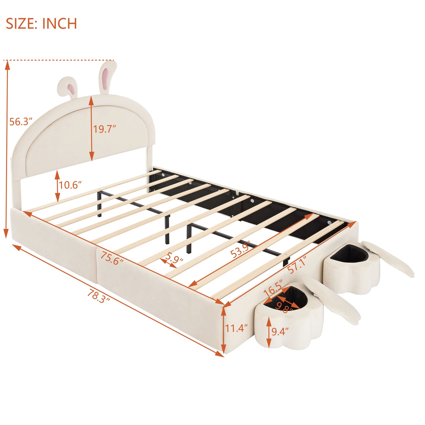 Full size Upholstered Rabbit-Shape Bed with 2 Storage Stools, Velvet Platform Bed with Cartoon Ears Shaped Headboard, White