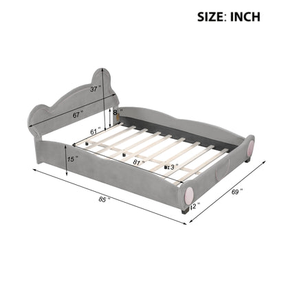 Queen Size Velvet Platform Bed with Bear-Shaped Headboard, with Drawers, with Bed-End Storage Pocket, Gray