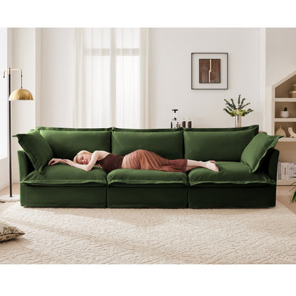 L-Shaped Slipcovered Sectional Sofa Couch, Comfy Chenille Deep Seat Cloud Couch with Convertible Ottoman & 2 Big Pillows, Modern Oversized 3 Seater Slipcovered Sofa Set for Living Room Office, Green