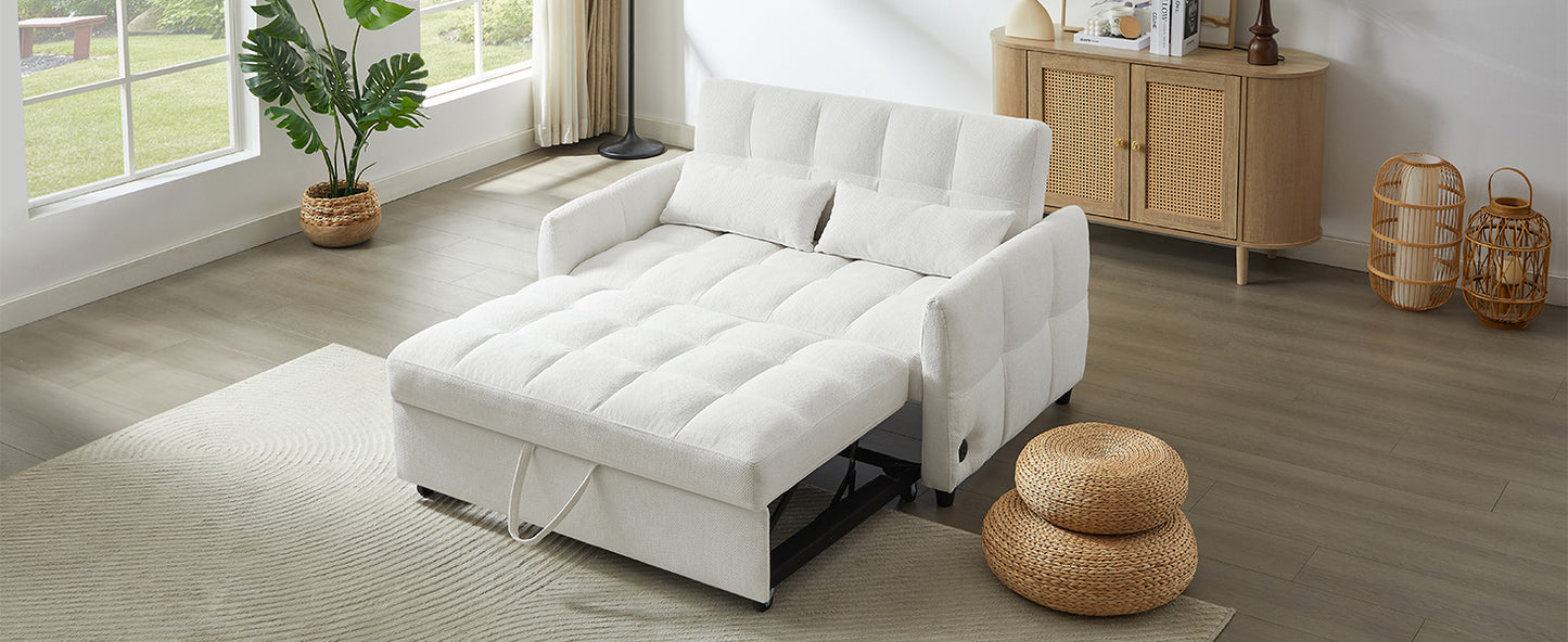 52.8" Loveseat Sofa Pull-out Sofa Bed Tufted Sleeper Sofa with an Adjustable Backrest, Three USB Ports and Two Lumbar Pillows for Living Room, Beige