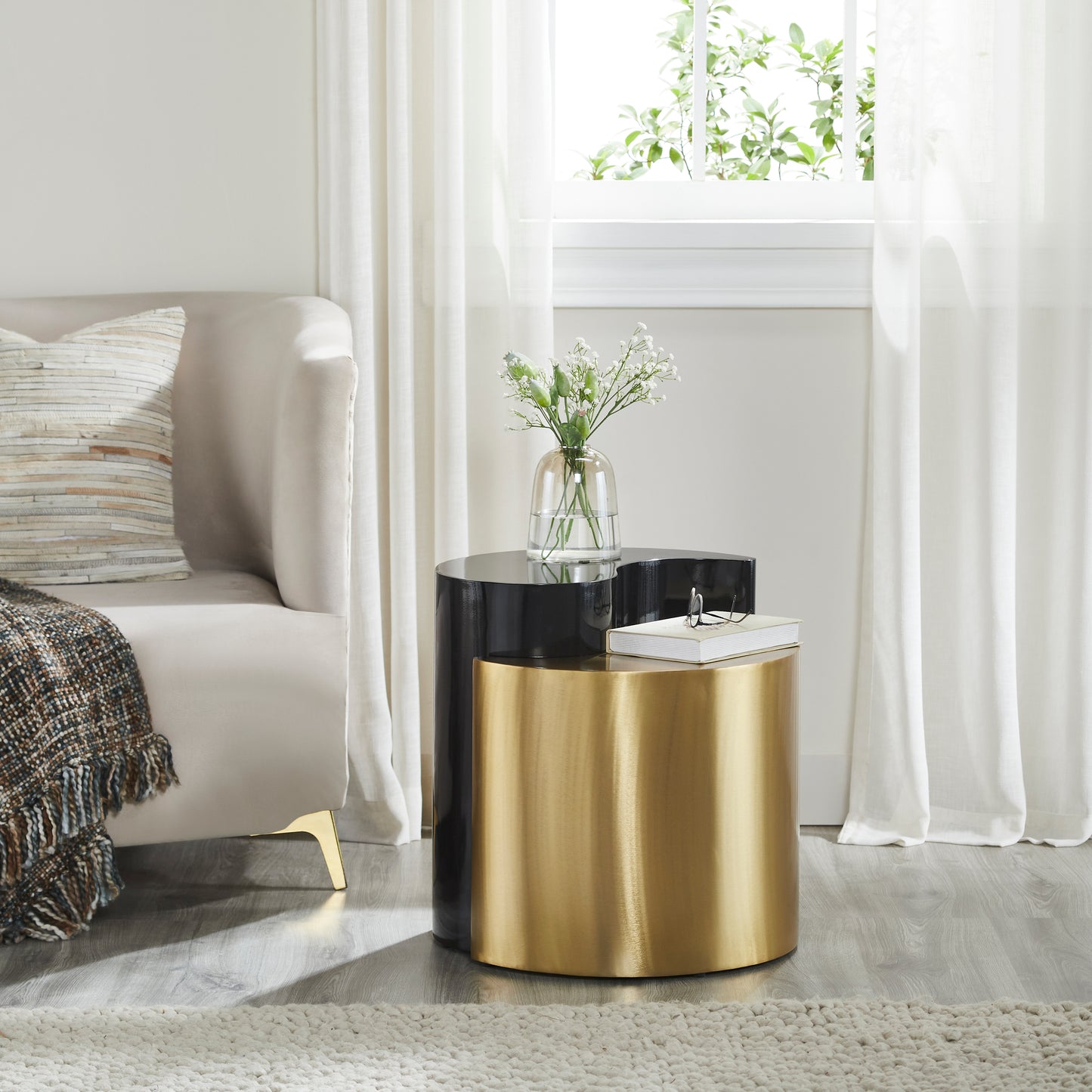 Ying Yang Modern & Contemporary Style 2PC End Table Made with Iron Sheet Frame in Black & Gold