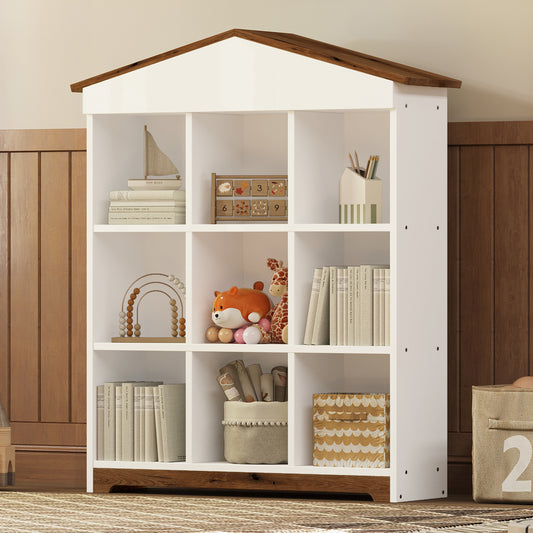 House-shaped Storage Rack with Nine Storage Compartments, Three-layer Bookshelf  with Colorblock Design, White+Brown