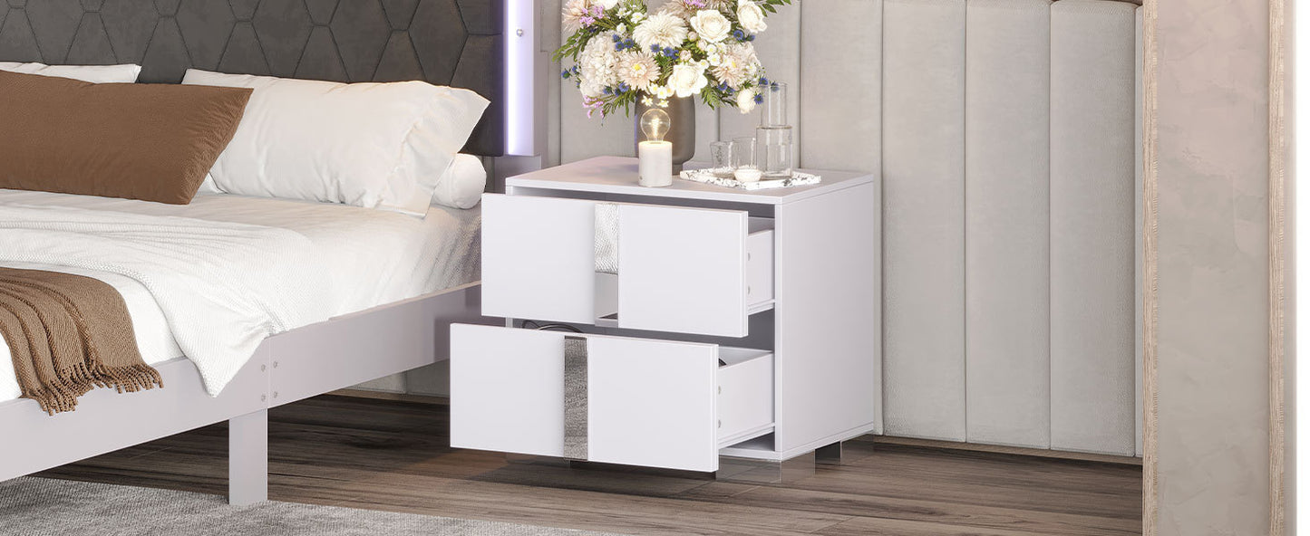 Elegant Nightstand with Metal Handle,Mirrored Bedside Table with 2 Drawers for Bedroom,Living Room,White