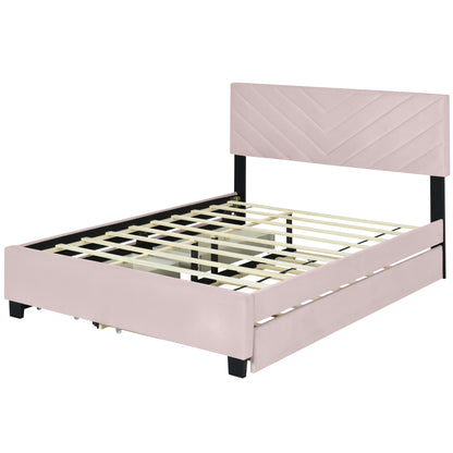 Queen Size Upholstered Platform Bed with Twill Headboard, Pullout Bed and Two Drawers, Flannel,Pink