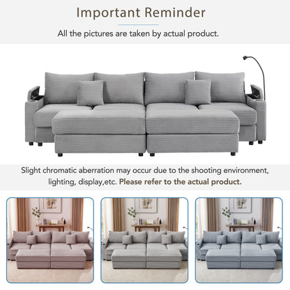 123.2" Modern Style 4-seater Sofa Sectional Sofa Couch with Storage Space, Two Movable Ottomans, Two USB Ports, Two Cup Holders, A Phone Holder for Living Room, Grey