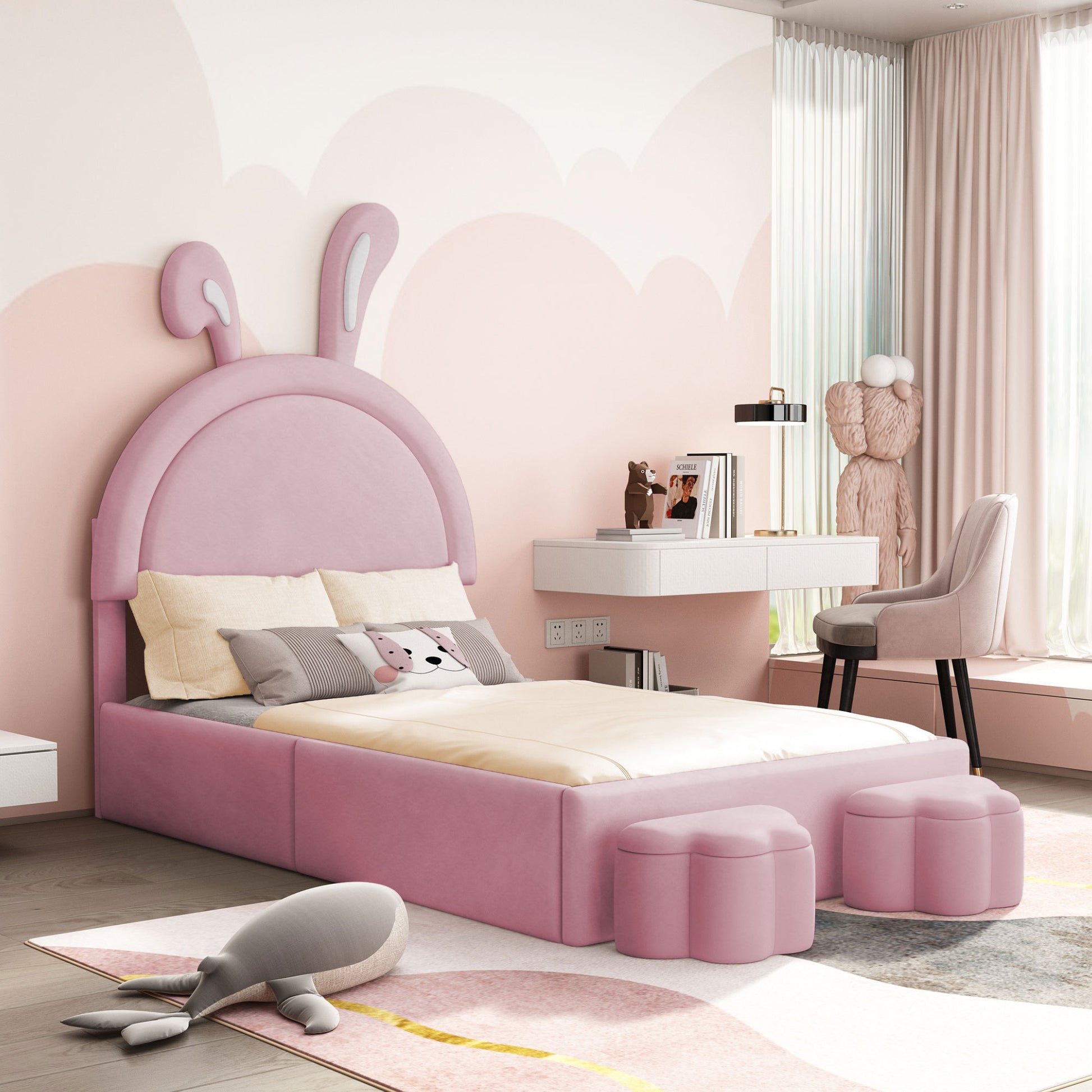 Twin size Upholstered Rabbit-Shape Bed with 2 Storage Stools, Velvet Platform Bed with Cartoon Ears Shaped Headboard, Pink