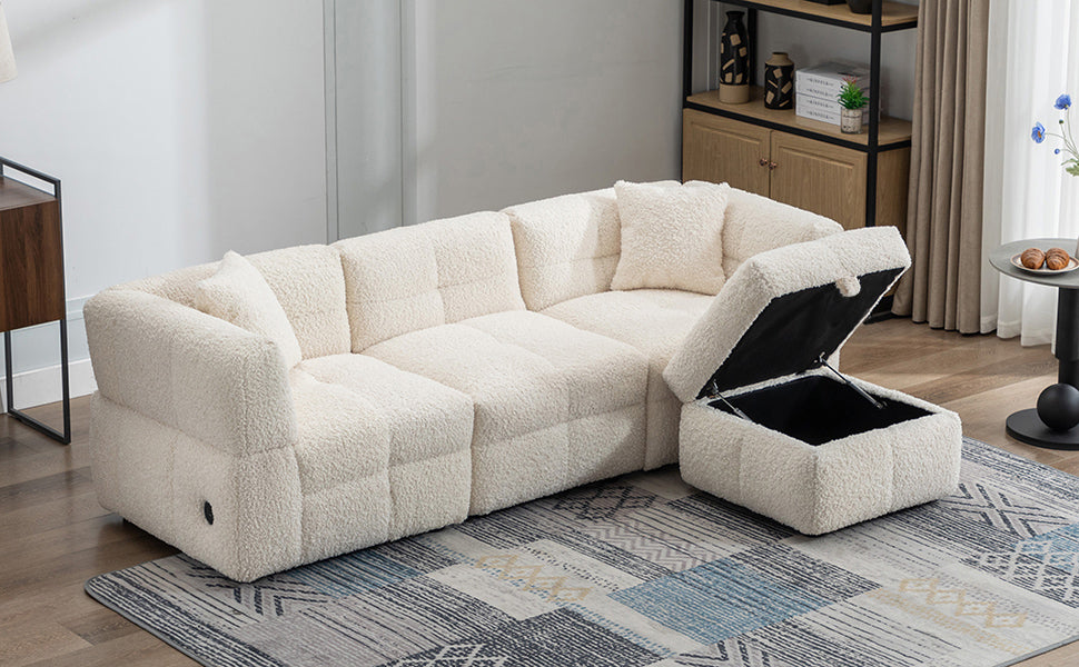 87.7" Sectional Sofa Cozy Teddy Fleece Fabric Sectional Sofa Couch with Two USB Ports a Movable Storage Ottoman and Two Lumbar Pillows for Living Room, Creamy White