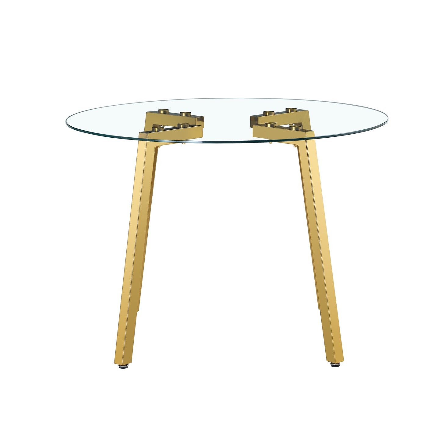 Table and chair set.Modern Luxurious Round Tempered Glass Dining Table Set-40*40 inch with 6 Transparent Plastic Dining Chair with Gold Metal Legs.Bring a comfortable home experience to the kitchen.