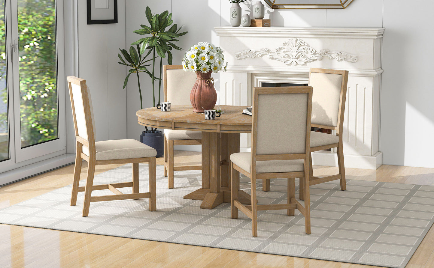 TREXM 5-Piece Dining Set Extendable Round Table and 4 Upholstered Chairs Farmhouse Dining Set for Kitchen, Dining Room(Natural Wood Wash)