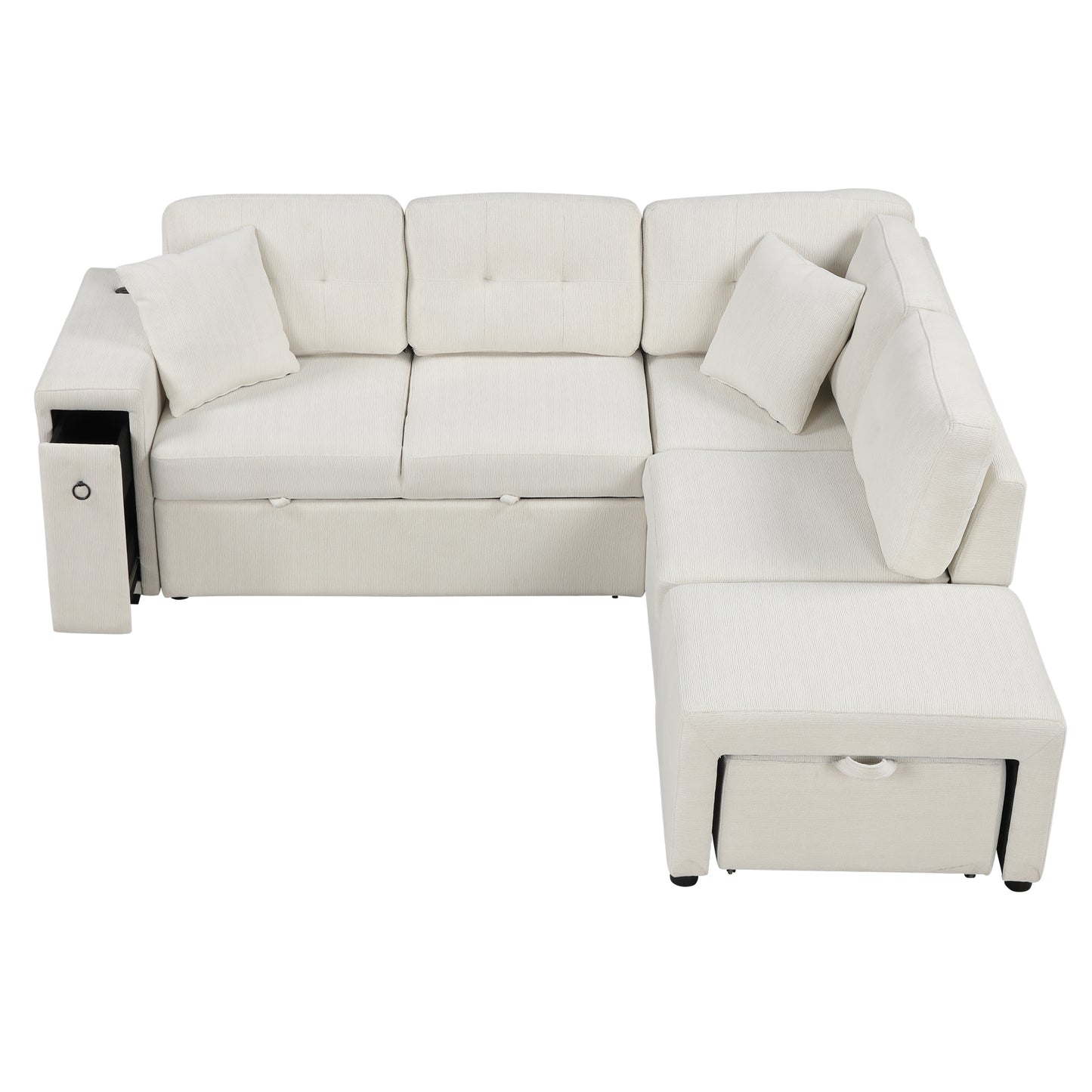 86.6" Sectional Sofa L-shaped Sofa Couch Pull-out Sofa Bed with a Movable Ottoman, Two USB Ports  and Two Cup Holders for Living Room, Beige