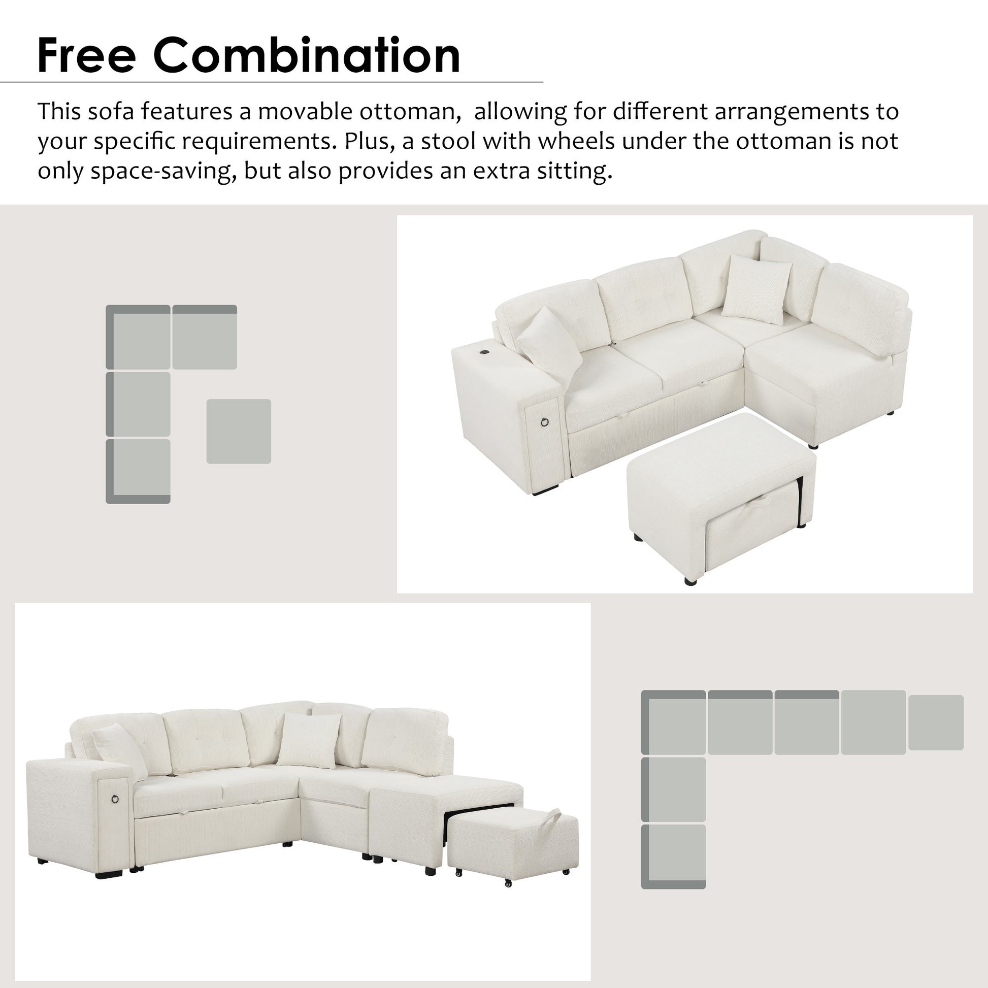 86.6" Sectional Sofa L-shaped Sofa Couch Pull-out Sofa Bed with a Movable Ottoman, Two USB Ports  and Two Cup Holders for Living Room, Beige