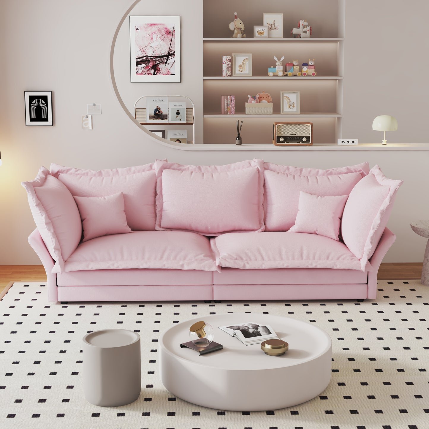 90.55" Modern Comfy Upholstered Sofa Cloud Couch, Deep Seat Couches with Multiple Large Soft Pillows,Convertible Deep Seat Chaise Longue for Living Room Bedroom,Apartment,Office,PINK