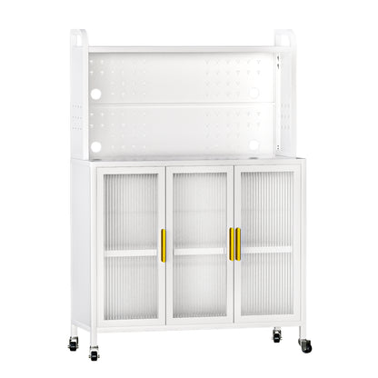 Carbon steel Kitchen Storage Cabinets, Microwave Stand, Bakers Racks for Kitchens with Storage, Microwave cart, Transparent Flap Door Design Kitchen Storage Shelves Free screws  - 4 Tiers White