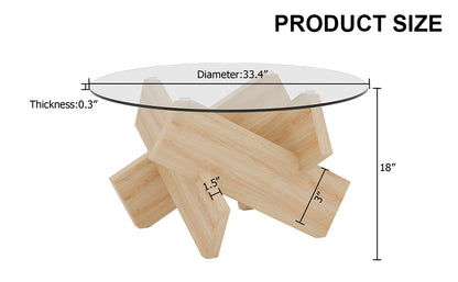 Circular glass coffee table, 33.4-inch modern and distinctive design tea table. Tempered glass countertop, wood colored MDF table legs. Suitable for living rooms and farmhouses