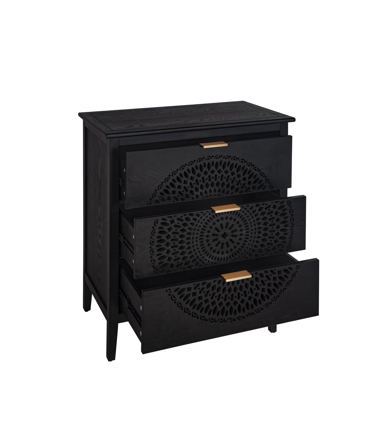 3 Drawer Cabinet with Hollow-Carved 3 Drawer Dresser Storage Chest with Metal Handles For Entryway Living Room Bedroom