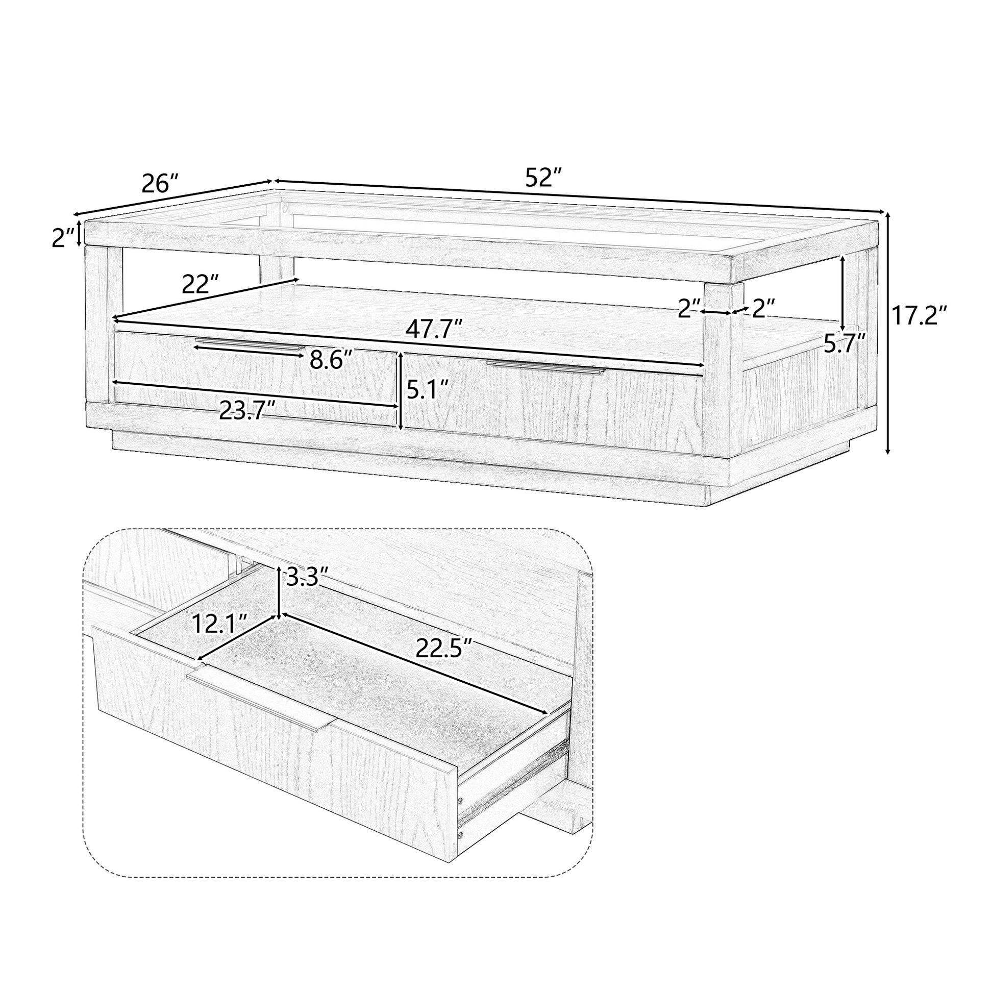 U-Can Modern Wood Coffee Table with 2 Drawers ,Minimalist Display Coffee Table with Transparent Tempered Glass, Open Storage Shelf for Living Room