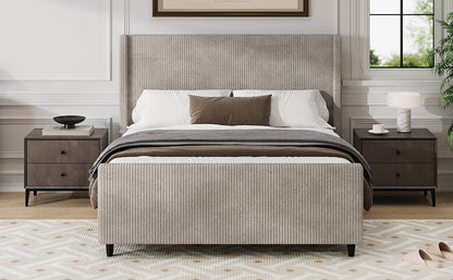 50.7'' High Headboard Corduroy Upholstered Bed Frame with Vertical Stripe Wingback and High Footboard No Box Spring Needed, king Size, Taupe