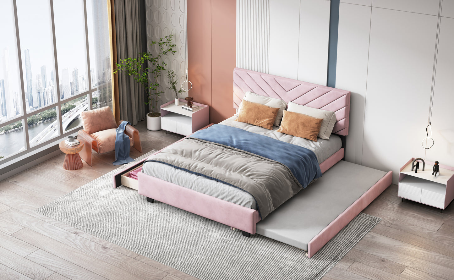 Queen Size Upholstered Platform Bed with Twill Headboard, Pullout Bed and Two Drawers, Flannel,Pink