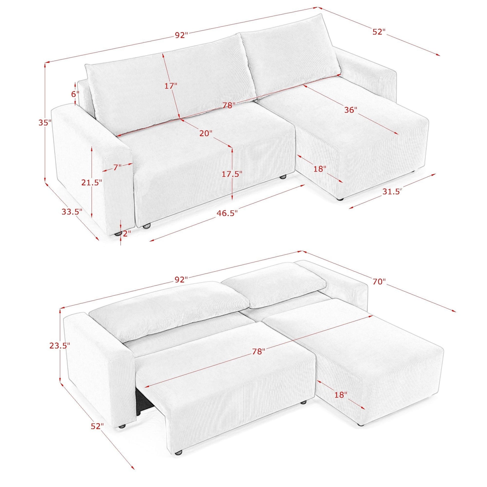 Modular Corduroy Upholstered 3 Seater Sofa Bed with Storage for Home Apartment Office Living Room, Free Combination, L Shaped
, Grey