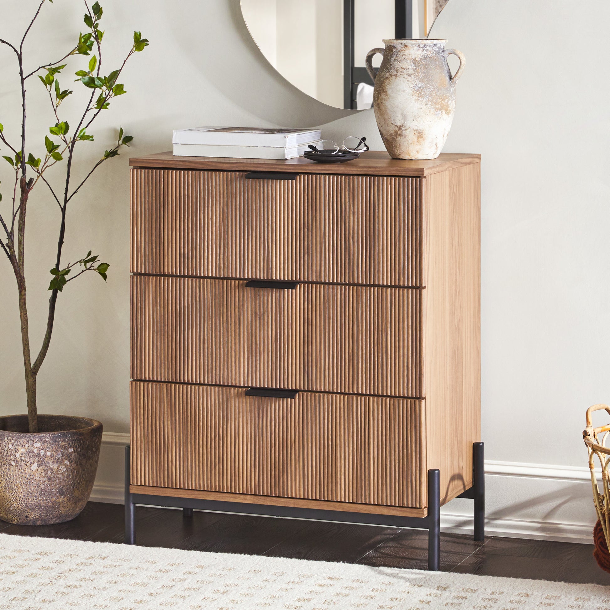 Mid-Century 3-Drawer Chest with Reeded Drawer Fronts, Mocha