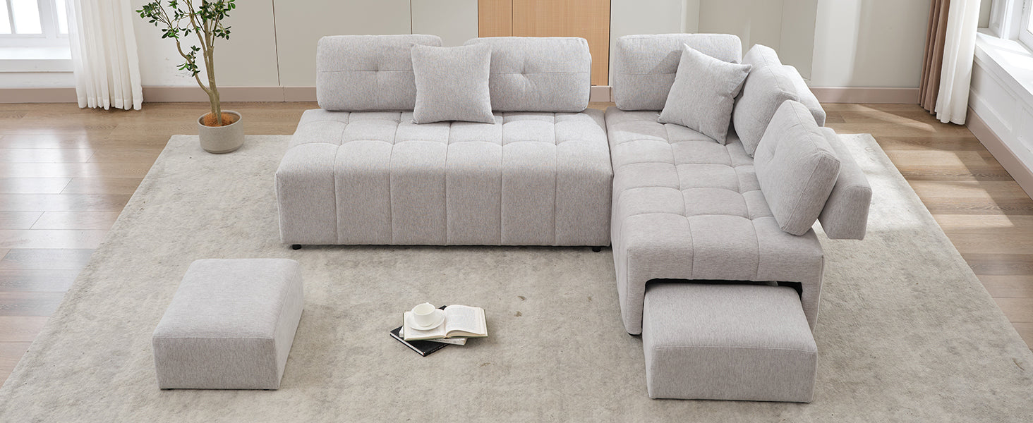 91.73" L-shaped Sofa Sectional Sofa Couch with 2 Stools and 2 Lumbar Pillows for Living Room, Light Grey