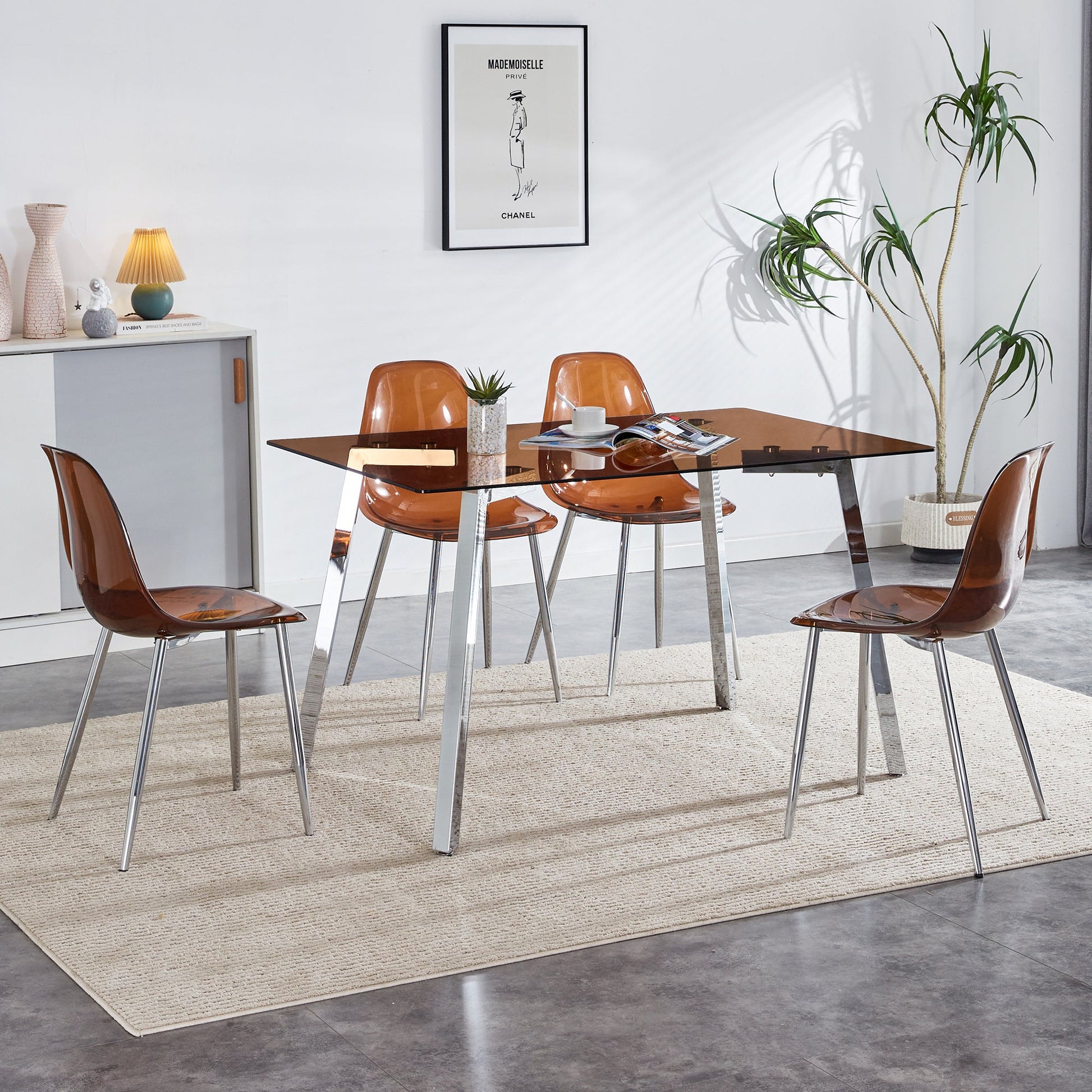 1 table and 4 chairs, brown tempered glass tabletop and silver metal legs, modern minimalist style rectangular glass dining table, paired with 4 modern silver metal leg chairs. 1123 TW-1200 - Groovy Boardz