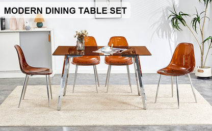 1 table and 4 chairs, brown tempered glass tabletop and silver metal legs, modern minimalist style rectangular glass dining table, paired with 4 modern silver metal leg chairs. 1123 TW-1200 - Groovy Boardz