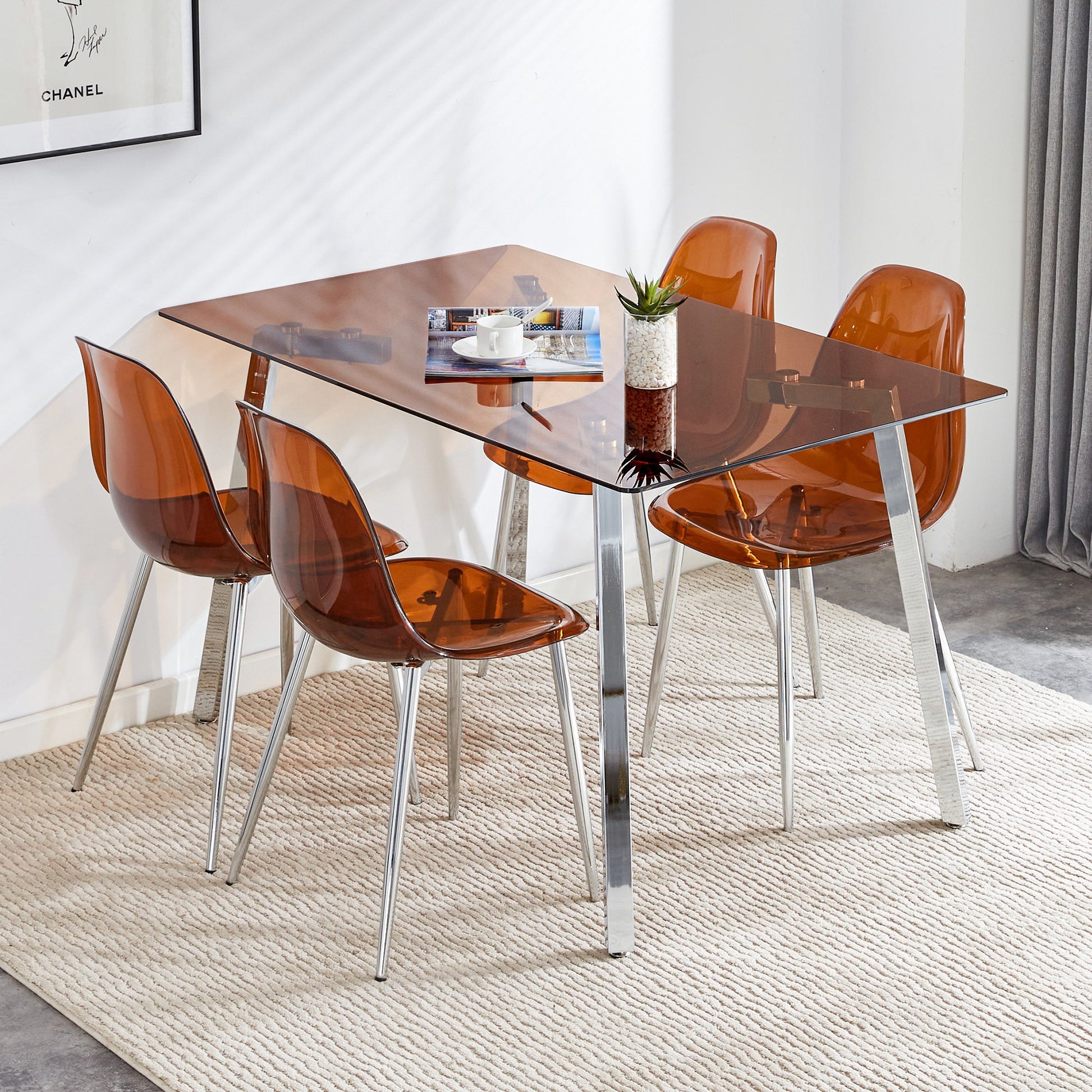 1 table and 4 chairs, brown tempered glass tabletop and silver metal legs, modern minimalist style rectangular glass dining table, paired with 4 modern silver metal leg chairs. 1123 TW-1200 - Groovy Boardz