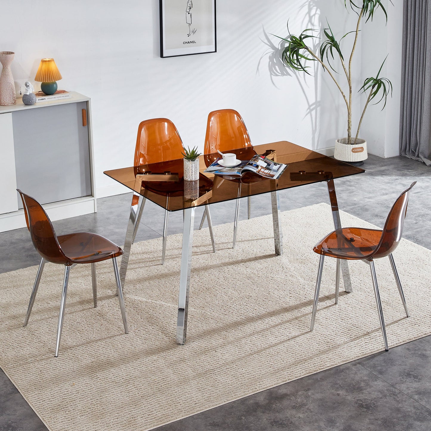 1 table and 4 chairs, brown tempered glass tabletop and silver metal legs, modern minimalist style rectangular glass dining table, paired with 4 modern silver metal leg chairs. 1123 TW-1200 - Groovy Boardz