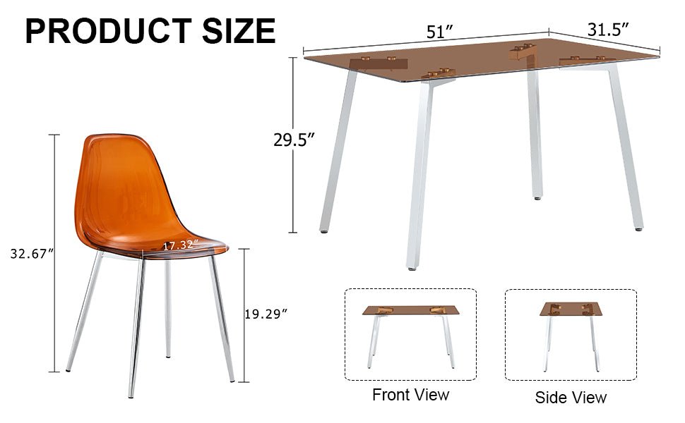 1 table and 4 chairs, brown tempered glass tabletop and silver metal legs, modern minimalist style rectangular glass dining table, paired with 4 modern silver metal leg chairs. 1123 TW-1200 - Groovy Boardz