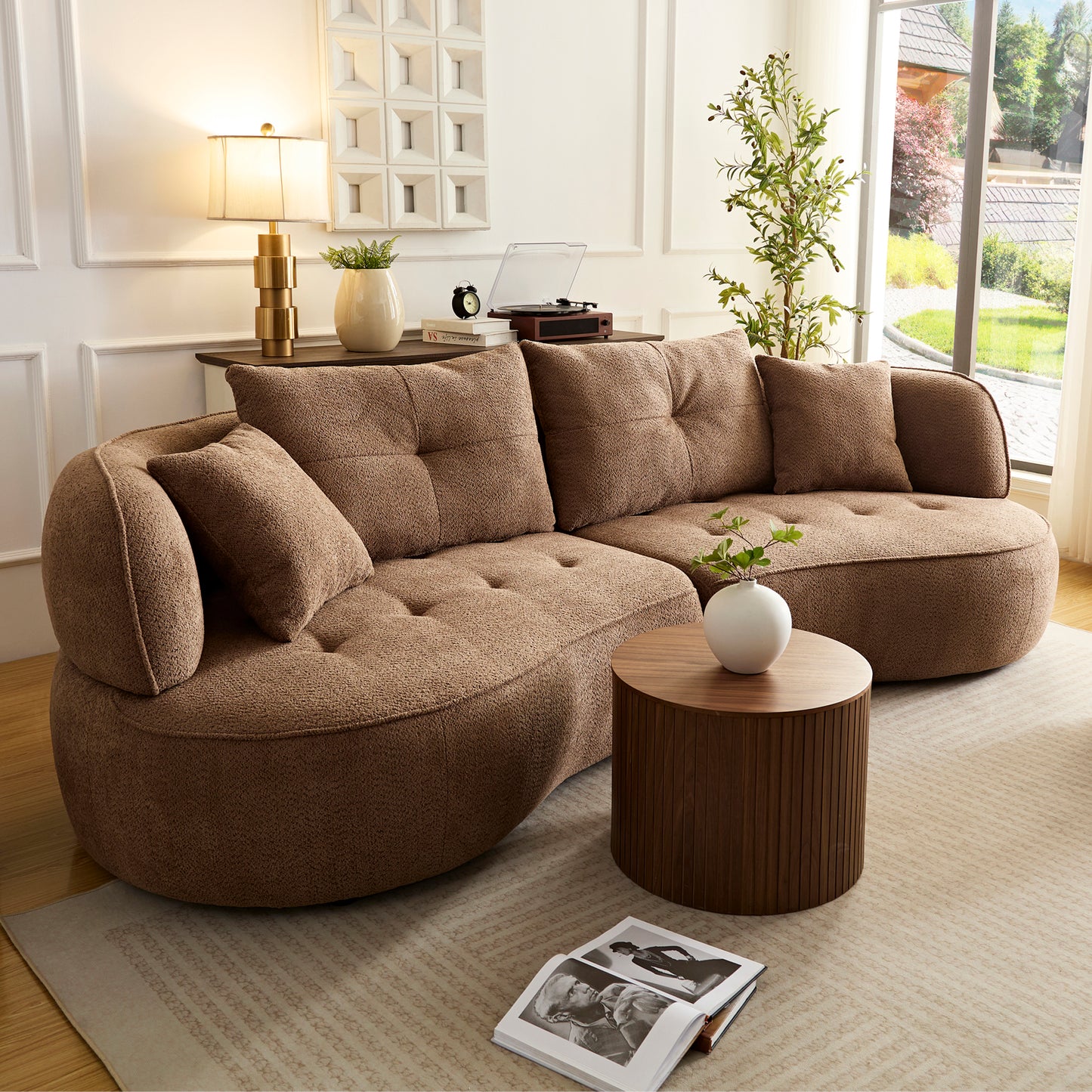 WKS7C Camel color combo sofa with detachable pillows, durable fabric, solid wood frame