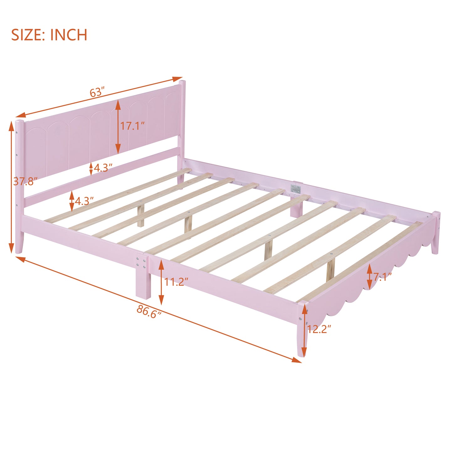 Queen Size Wood Platform Bed Frame, Retro Style  Bed with Rectangular Headboard,No Need Box Spring,Pink