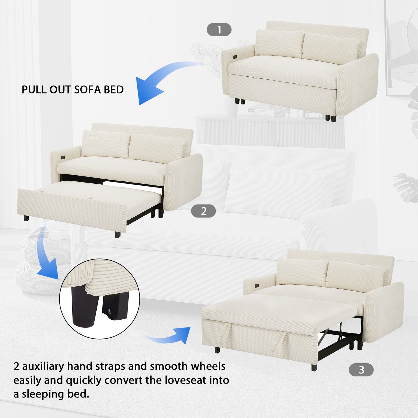 57.48" Pull-out Sofa Bed Convertible Couch 2 Seat Loveseat Sofa Modern Sleeper Sofa with Two Throw Pillows and USB Ports for Living Room, Beige(Old Sku:WF317760AAA)