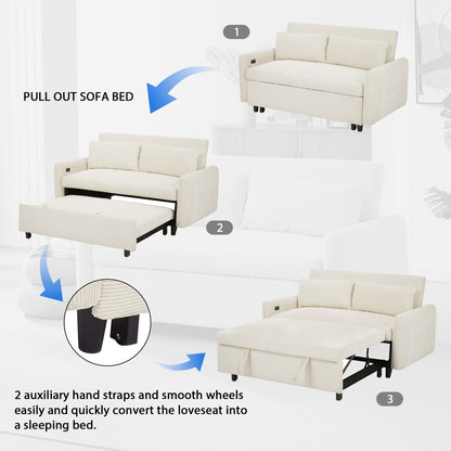 57.48" Pull-out Sofa Bed Convertible Couch 2 Seat Loveseat Sofa Modern Sleeper Sofa with Two Throw Pillows and USB Ports for Living Room, Beige(Old Sku:WF317760AAA)