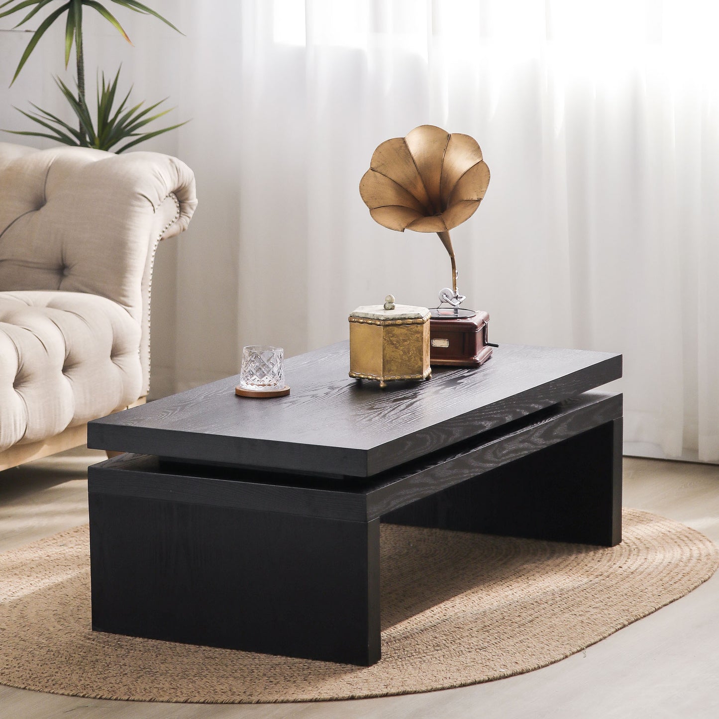 Modern Coffee Table, Black Wooden Coffee Table, Rectangle Cocktail Tea Table for Living Room, 47.6" L* 23.6" W * 16.3" H