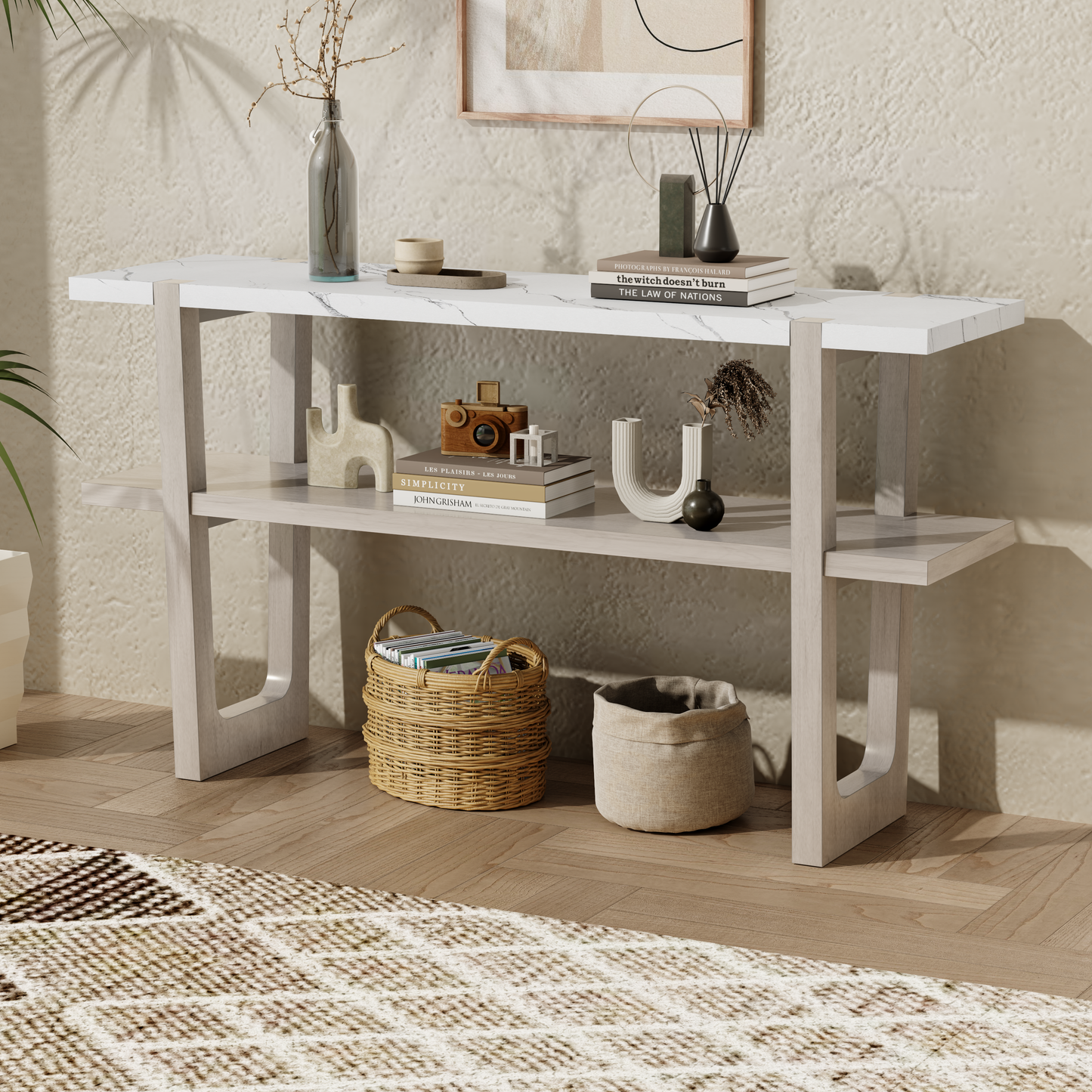 TREXM Retro Elegant Console Table with Marble-Effect Top and Versatile Storage Solutions for Entryway and Living Room (Gray Wash)