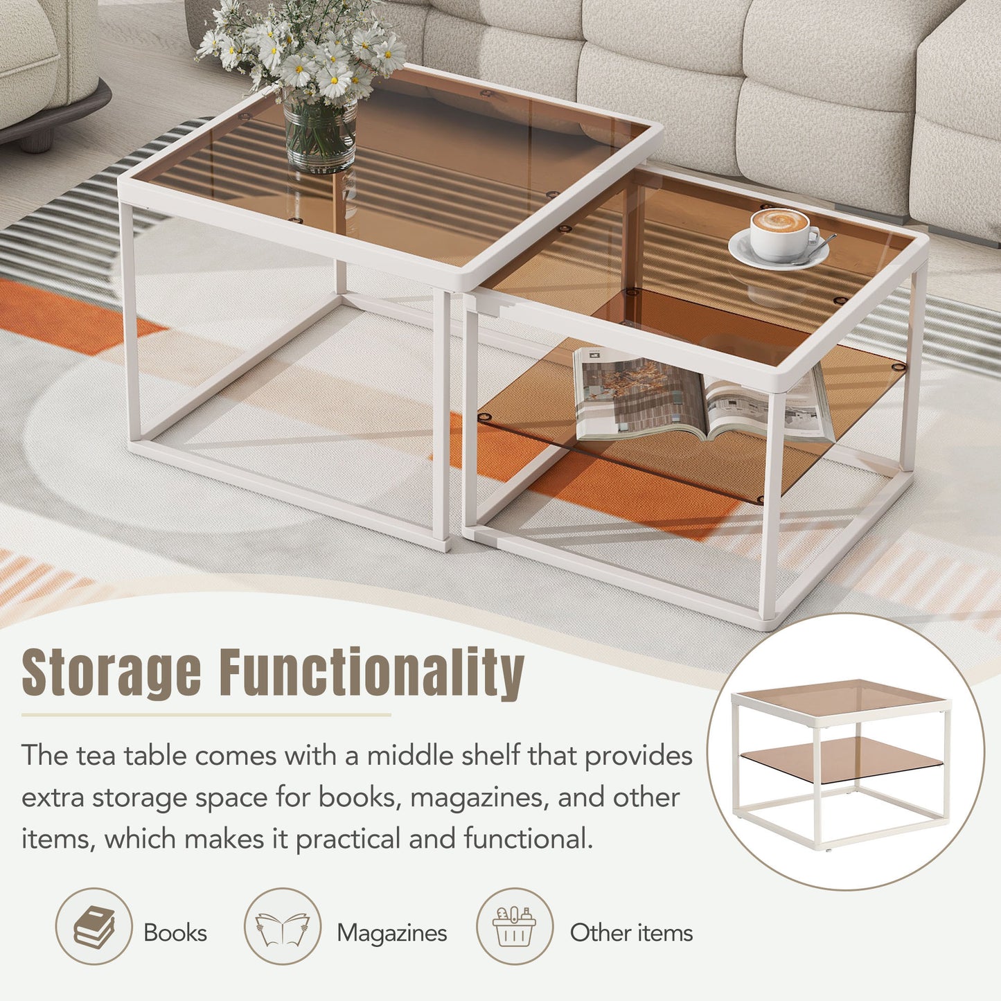 ON-TREND Modern Nested Coffee Table Set with High-low Combination Design, Brown Tempered Glass Cocktail Table with Metal Frame, Length Adjustable 2-Tier Center&End Table for Living Room, White