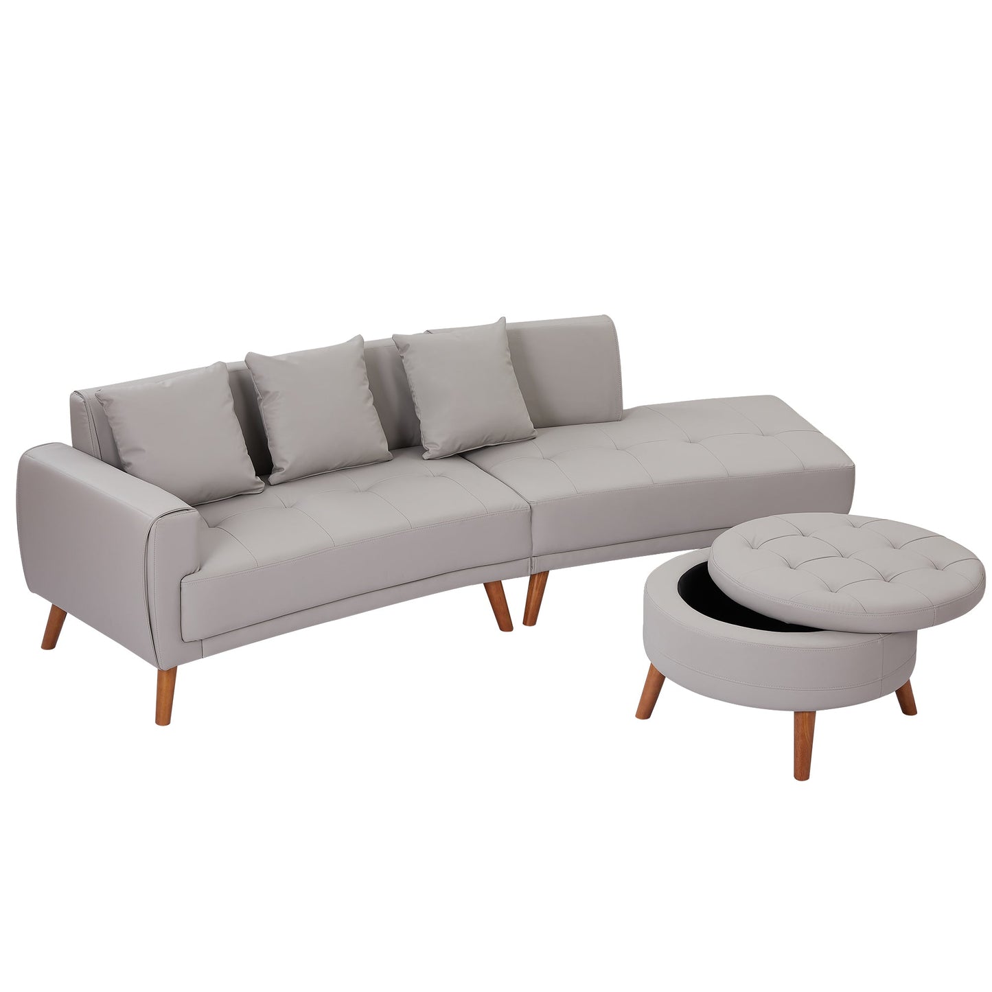 107" Contemporary Sofa Stylish Sofa Couch with a Round Storage Ottoman and Three Removable Pillows for Living Room, Grey - Groovy Boardz