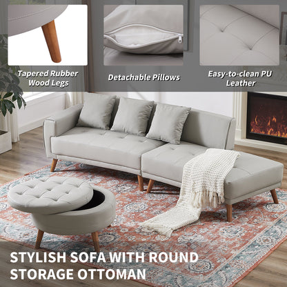 107" Contemporary Sofa Stylish Sofa Couch with a Round Storage Ottoman and Three Removable Pillows for Living Room, Grey - Groovy Boardz